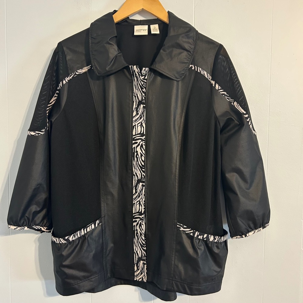 Zenergy by Chicos Womens Black Mixed Media Mesh Zebra Trim Zip Jacket Size 2 L